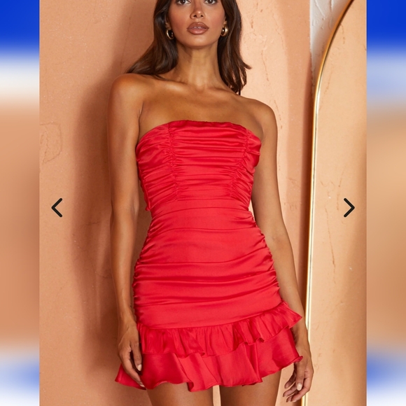 Selfie Leslie Annabella Strapless Tied Back Frill Hem Mini Dress Red - Picture 2 of 11